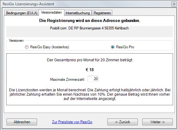 Hotelsoftware lizenzieren - Zimmereingabe