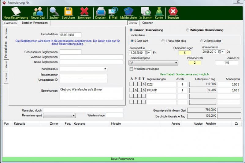 Reservierung Gastdaten